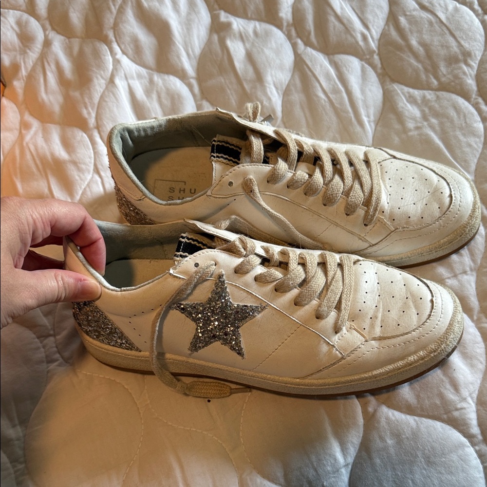 Boutique White Sneakers with Silver Glitter Star